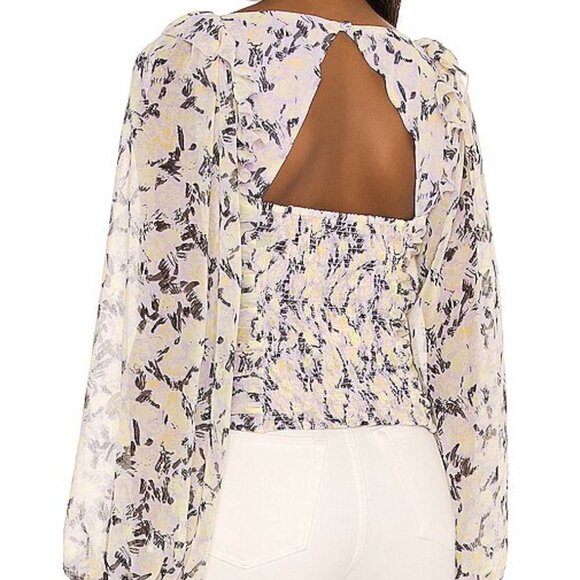 Free People Mabel Printed Blouse Top Women's XS Purple Yellow Open Back - Picture 2 of 16